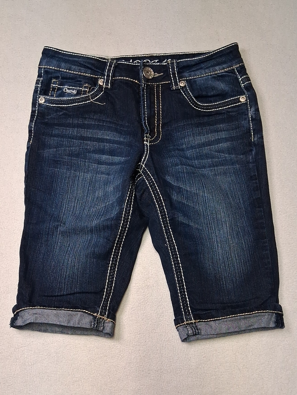 Carreli JEANS Women’s Dark Blue Denim Bermuda Shorts with Contrast Stitching